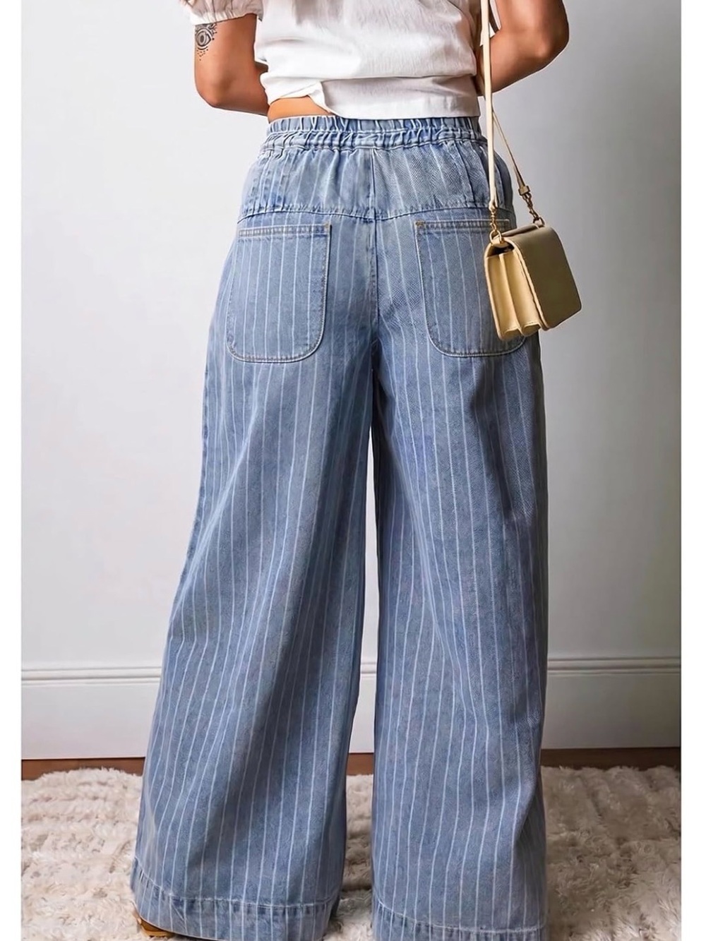 High-Waist Wide Leg Pinstripe Denim Pants - Light Blue - Picture 2 of 3